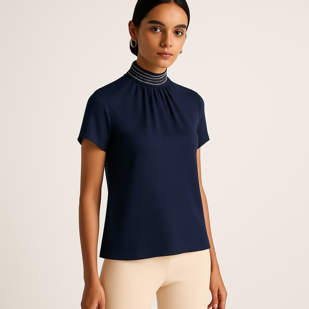 Zara Trafaluc Dark Navy Blue Beaded Semi Sheer Top S‎